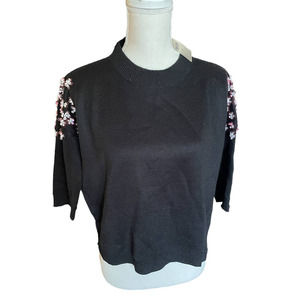 NWT Anthropologie Lili Sidonio Womens Crop Sweater Sequin Shoulder Size XS Black